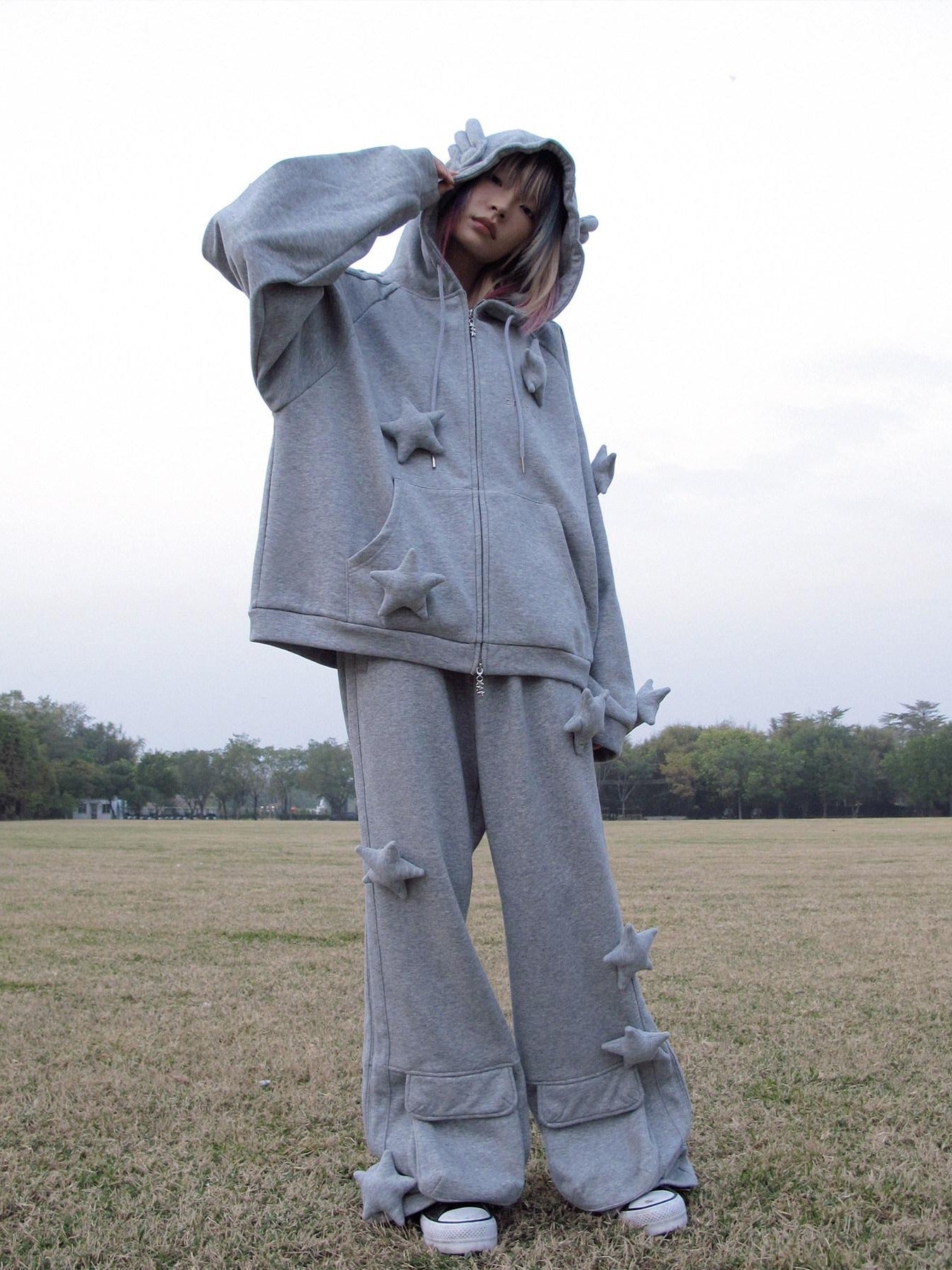 CFIERCE Soft Cotton Blend Loose Fit Star Print Zip Unisex Student Casual Gray Hoodie
