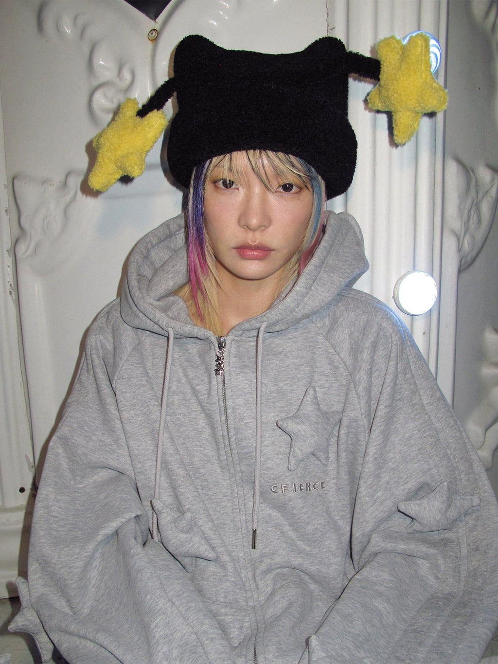 CFIERCE Soft Cotton Blend Loose Fit Star Print Zip Unisex Student Casual Gray Hoodie