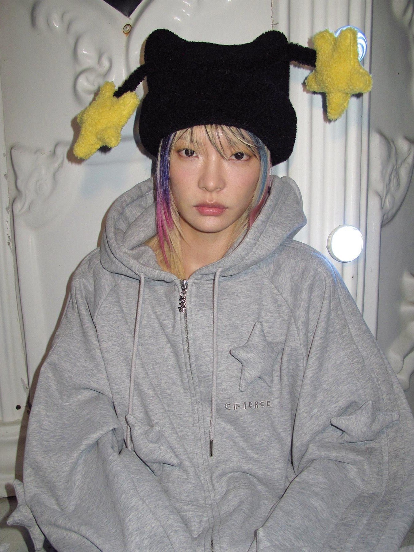 CFIERCE Soft Cotton Blend Loose Fit Star Print Zip Unisex Student Casual Gray Hoodie