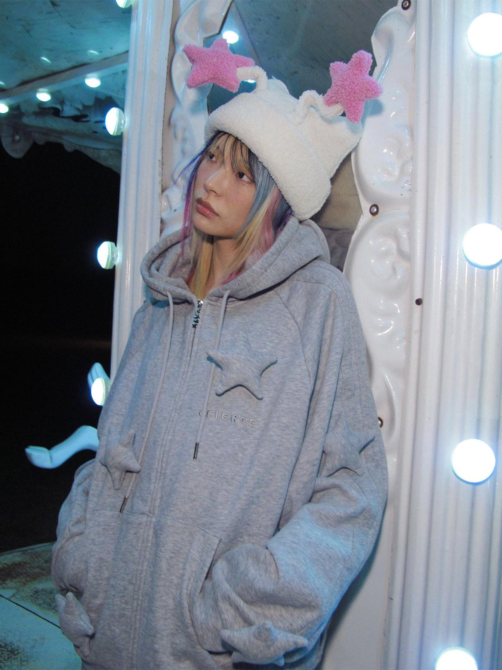 CFIERCE Soft Cotton Blend Loose Fit Star Print Zip Unisex Student Casual Gray Hoodie