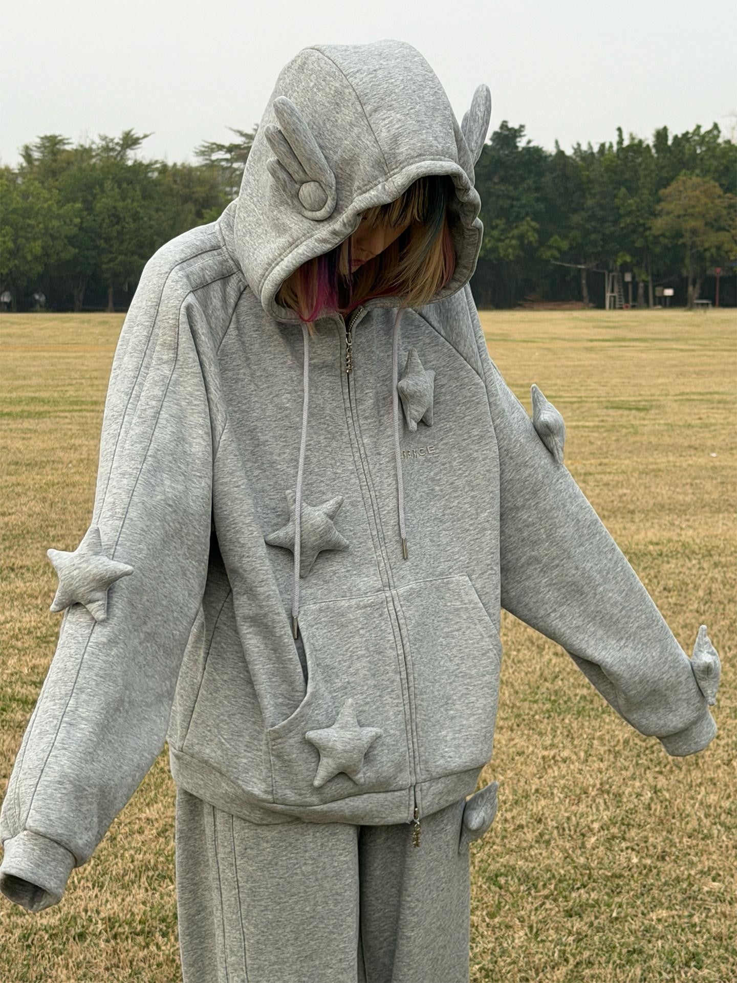 CFIERCE Soft Cotton Blend Loose Fit Star Print Zip Unisex Student Casual Gray Hoodie