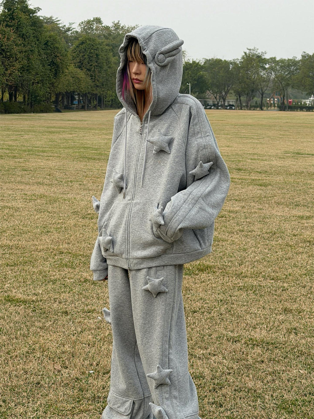 CFIERCE Soft Cotton Blend Loose Fit Star Print Zip Unisex Student Casual Gray Hoodie