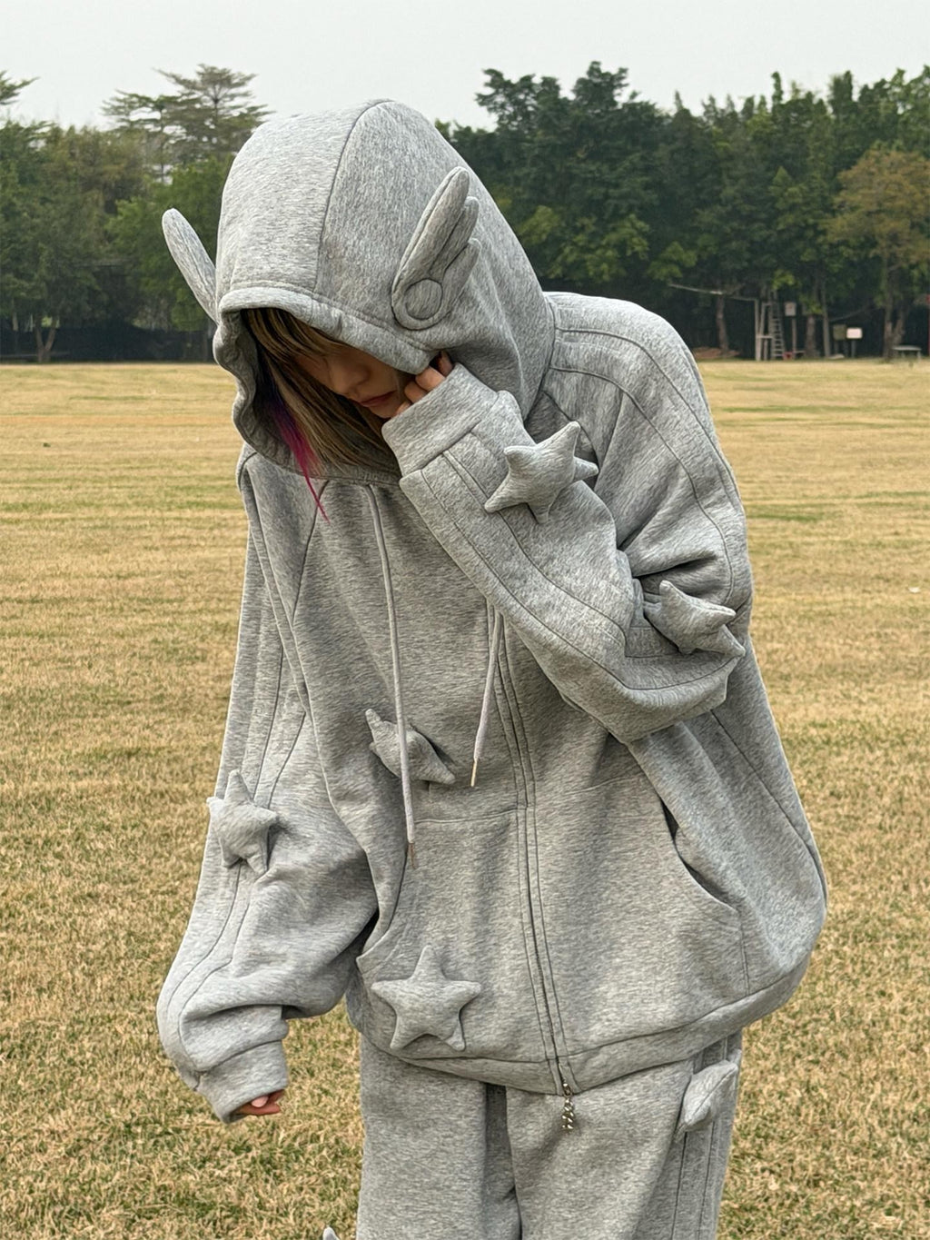 CFIERCE Soft Cotton Blend Loose Fit Star Print Zip Unisex Student Casual Gray Hoodie