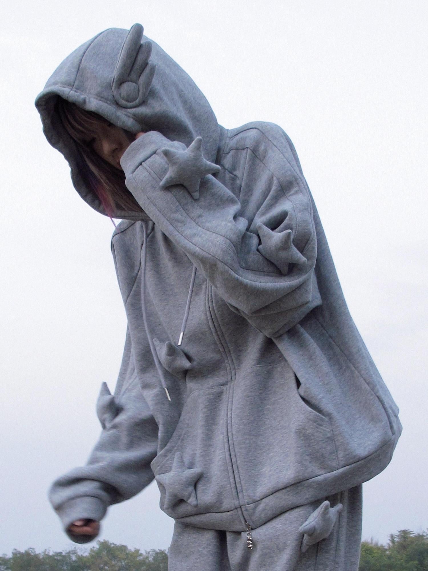 CFIERCE Soft Cotton Blend Loose Fit Star Print Zip Unisex Student Casual Gray Hoodie