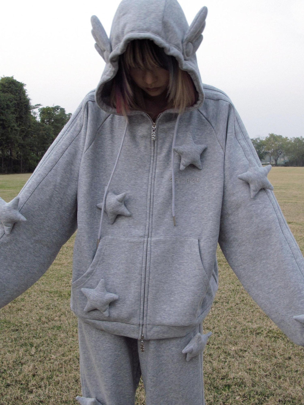 CFIERCE Soft Cotton Blend Loose Fit Star Print Zip Unisex Student Casual Gray Hoodie
