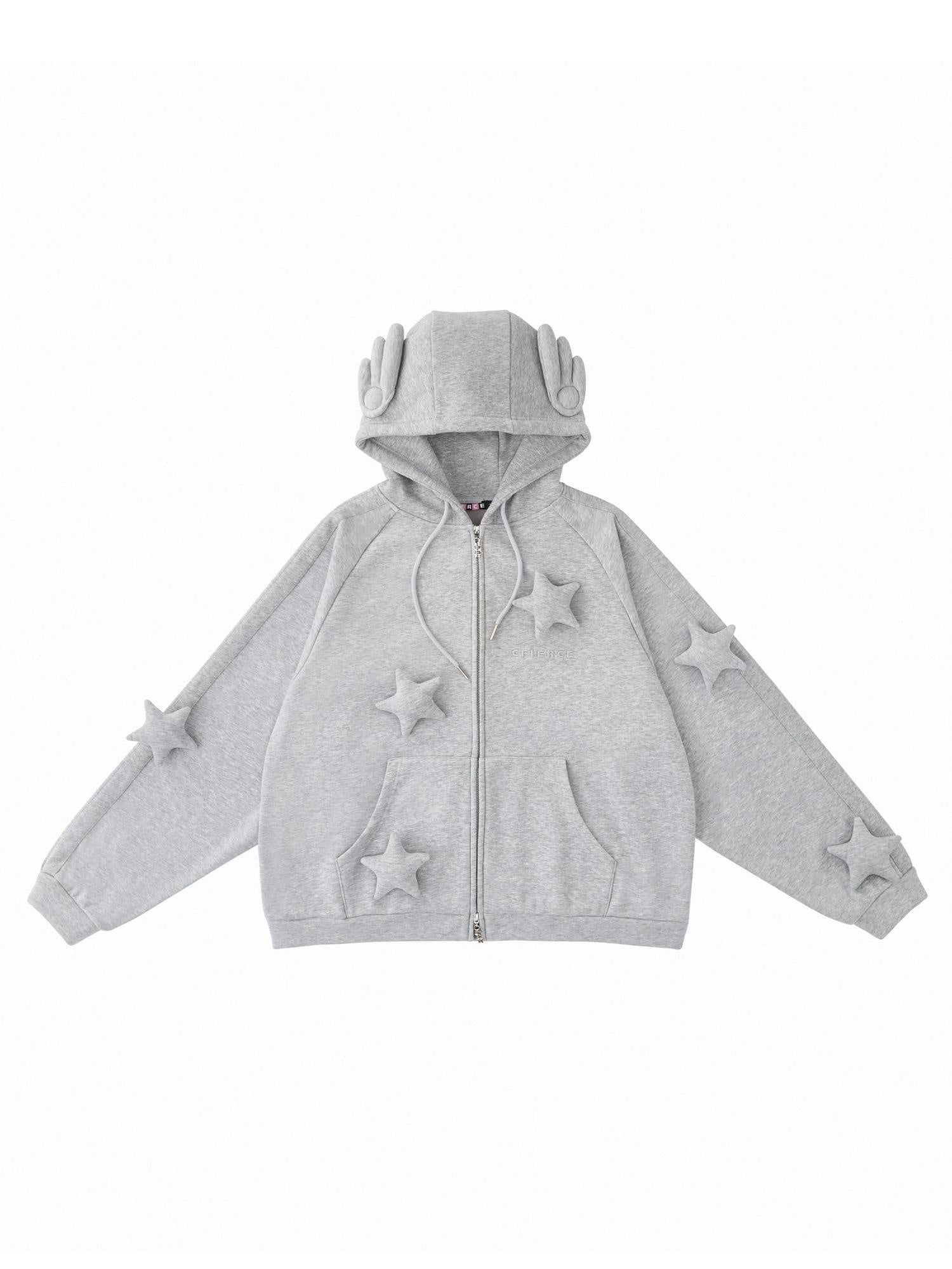 CFIERCE Soft Cotton Blend Loose Fit Star Print Zip Unisex Student Casual Gray Hoodie