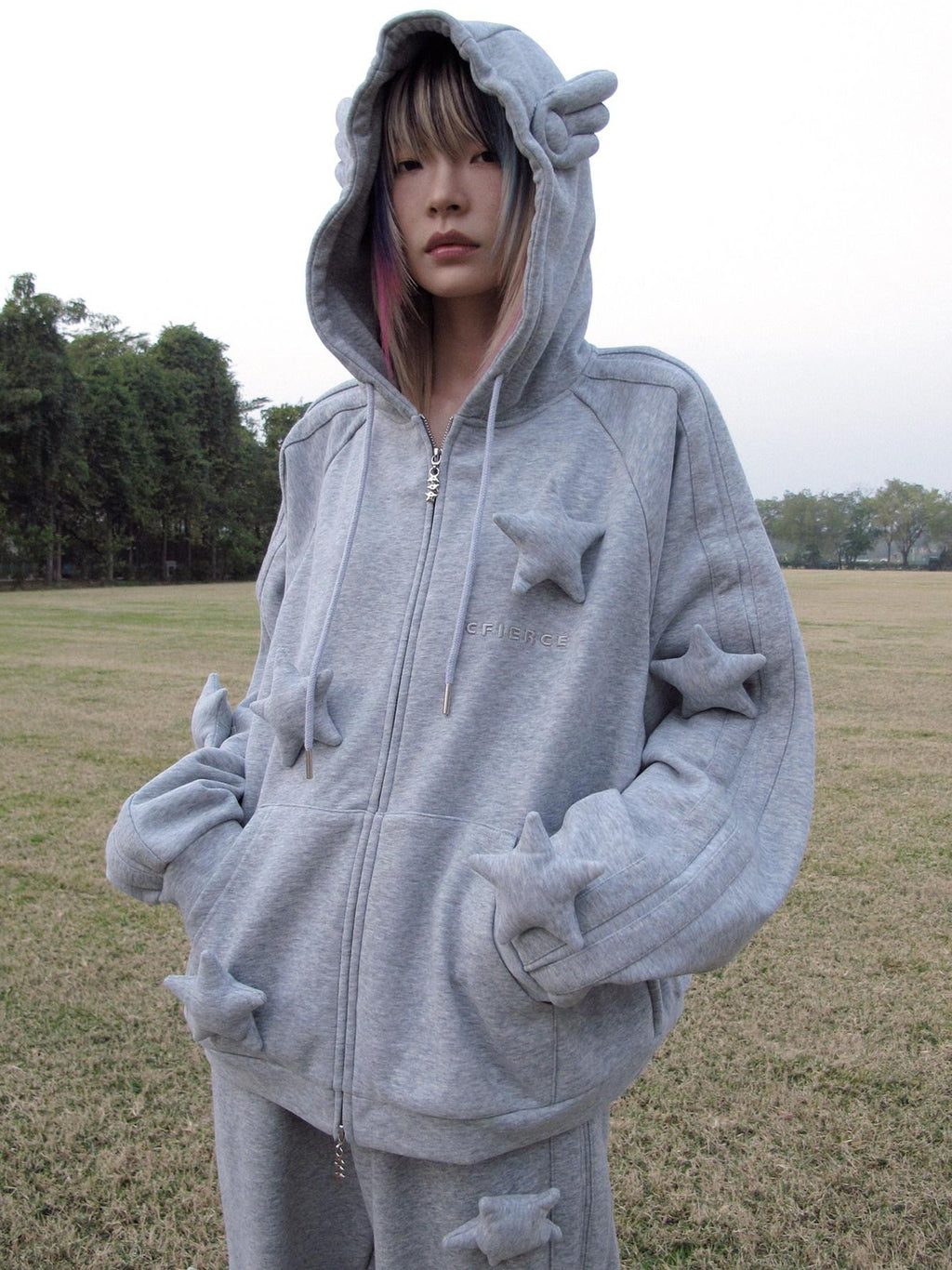 CFIERCE Soft Cotton Blend Loose Fit Star Print Zip Unisex Student Casual Gray Hoodie