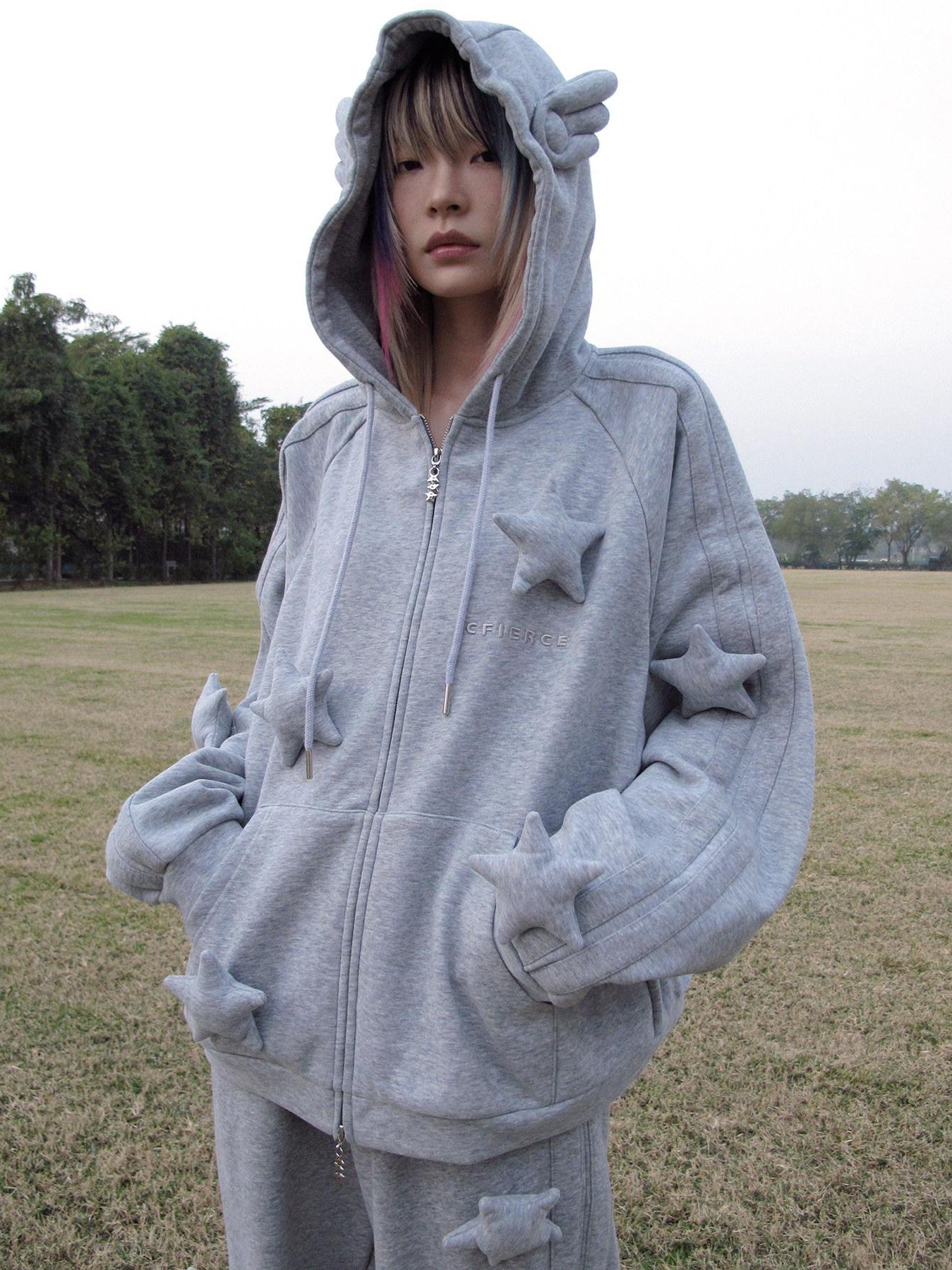 CFIERCE Soft Cotton Blend Loose Fit Star Print Zip Unisex Student Casual Gray Hoodie