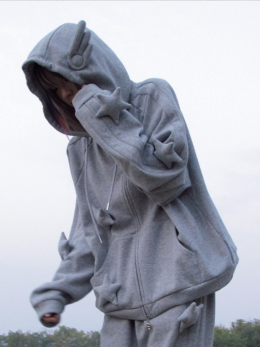 CFIERCE Soft Cotton Blend Loose Fit Star Print Zip Unisex Student Casual Gray Hoodie
