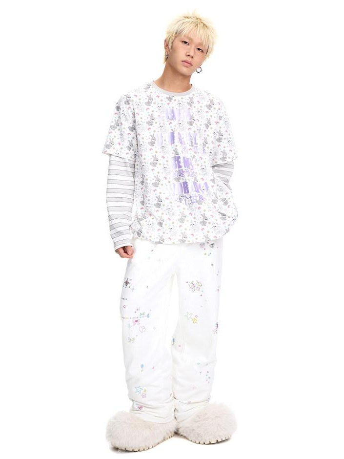 CFIERCE Soft Cotton Loose Casual Long Sleeve Crew Neck Letter Print Unisex Purple Blue
