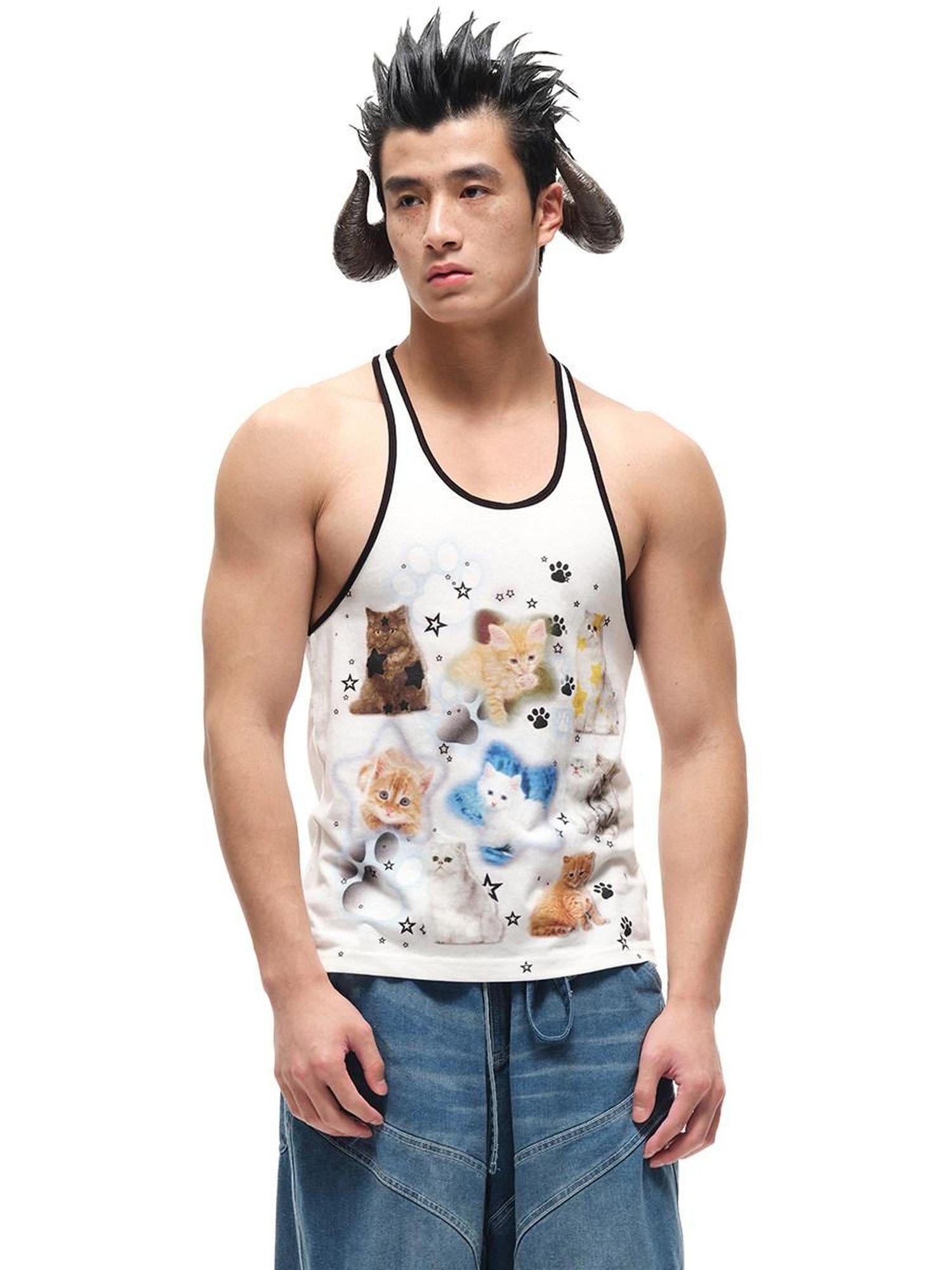 CFIERCE Soft Cotton Loose Street Animal Print Unisex White Racerback Tank Top
