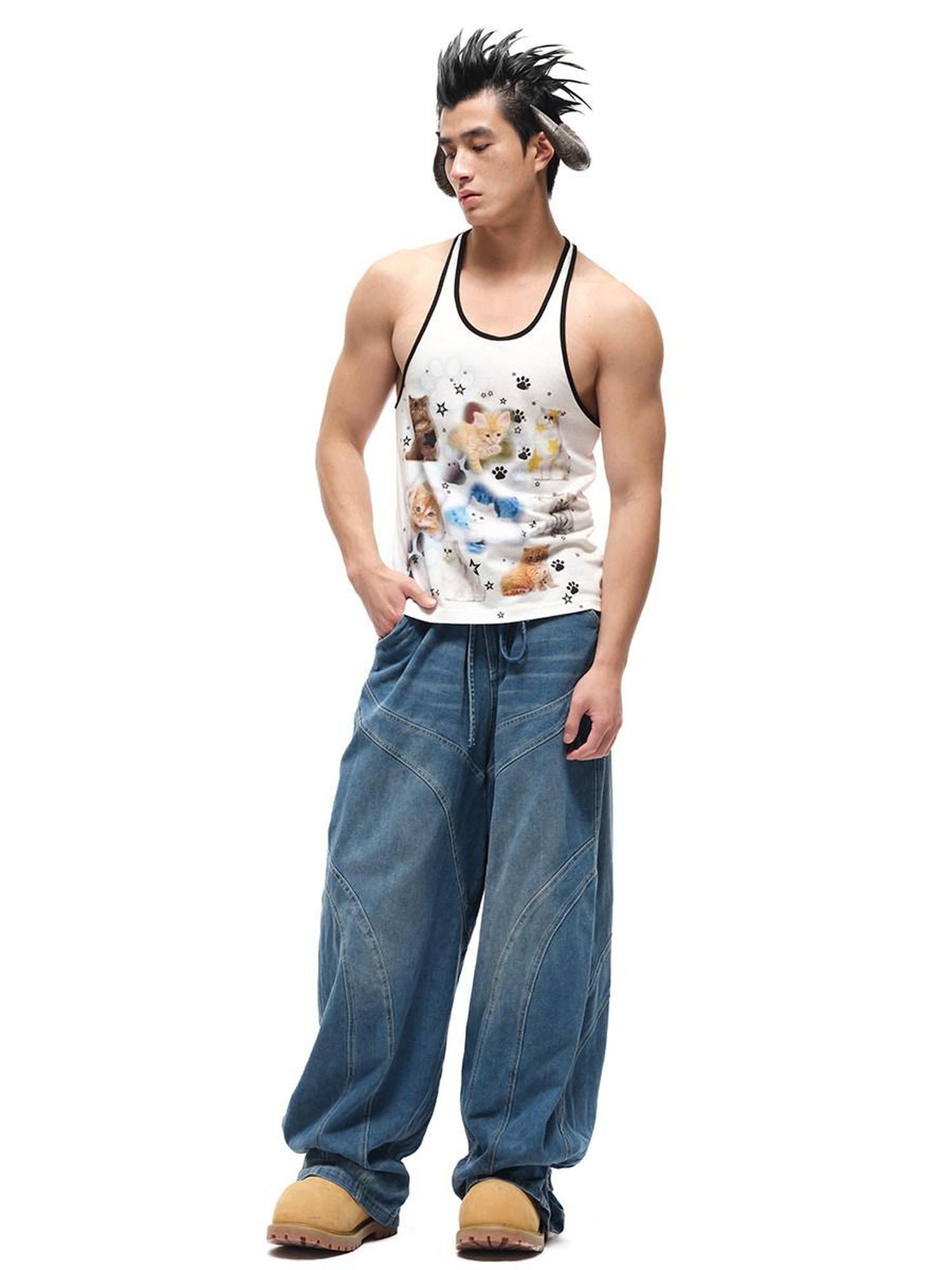 CFIERCE Soft Cotton Loose Street Animal Print Unisex White Racerback Tank Top