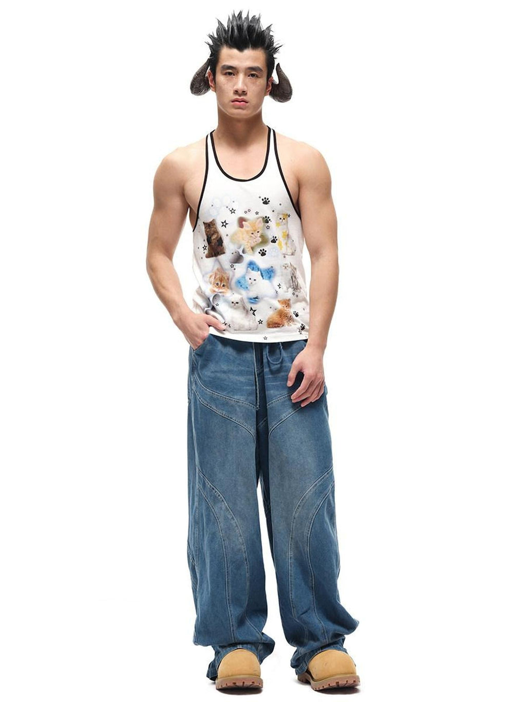 CFIERCE Soft Cotton Loose Street Animal Print Unisex White Racerback Tank Top