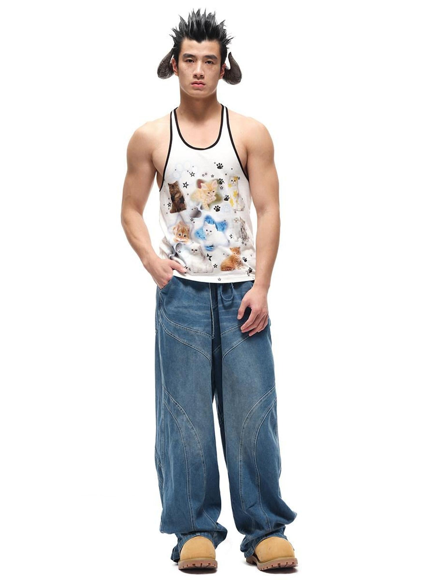 CFIERCE Soft Cotton Loose Street Animal Print Unisex White Racerback Tank Top