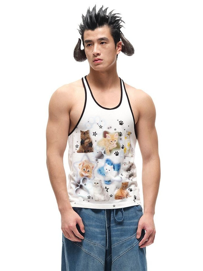 CFIERCE Soft Cotton Loose Street Animal Print Unisex White Racerback Tank Top