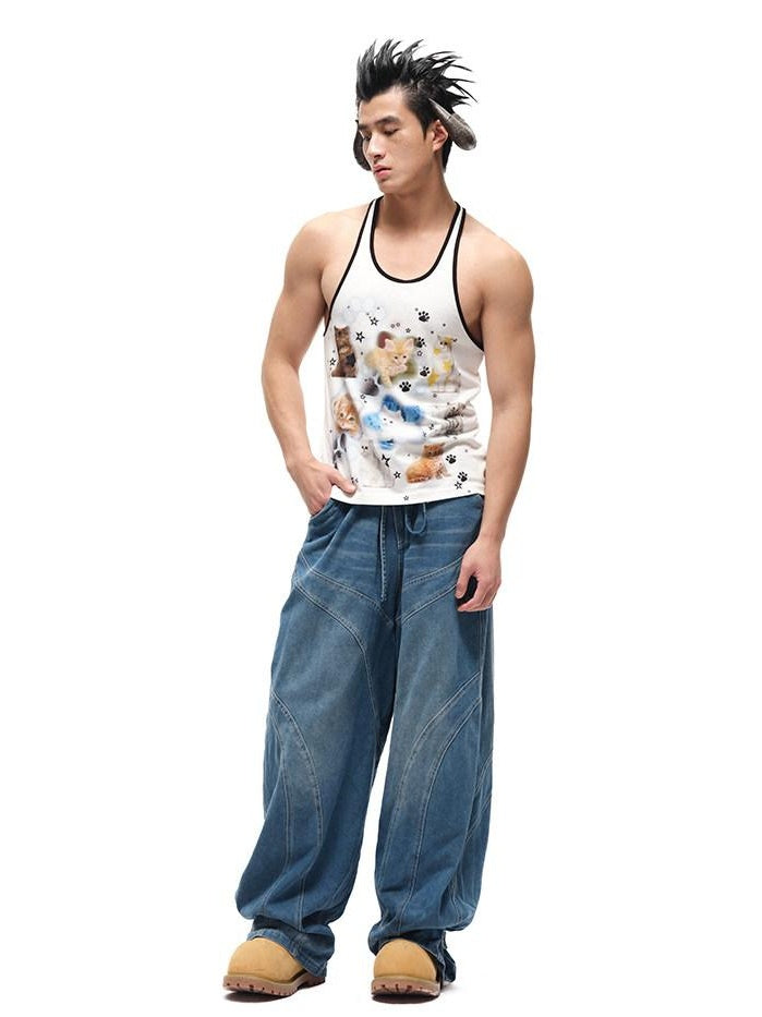 CFIERCE Soft Cotton Loose Street Animal Print Unisex White Racerback Tank Top