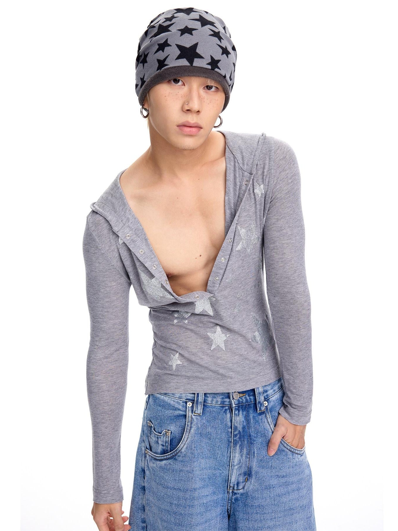 CFIERCE Soft Tencel Cotton Star Print Casual Unisex Long Sleeve Regular Pullover
