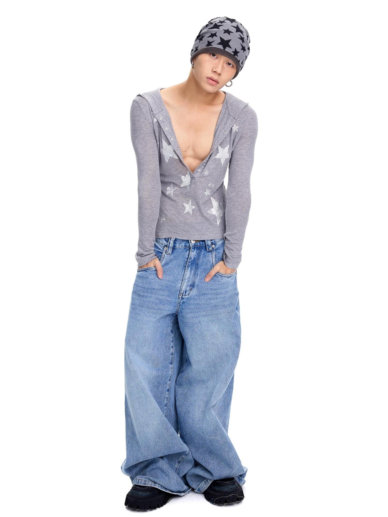 CFIERCE Soft Tencel Cotton Star Print Casual Unisex Long Sleeve Regular Pullover
