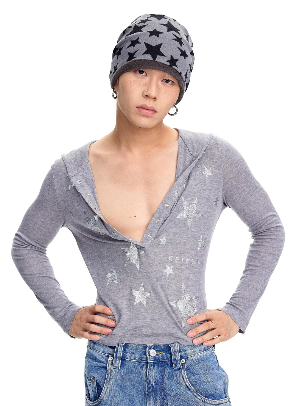 CFIERCE Soft Tencel Cotton Star Print Casual Unisex Long Sleeve Regular Pullover