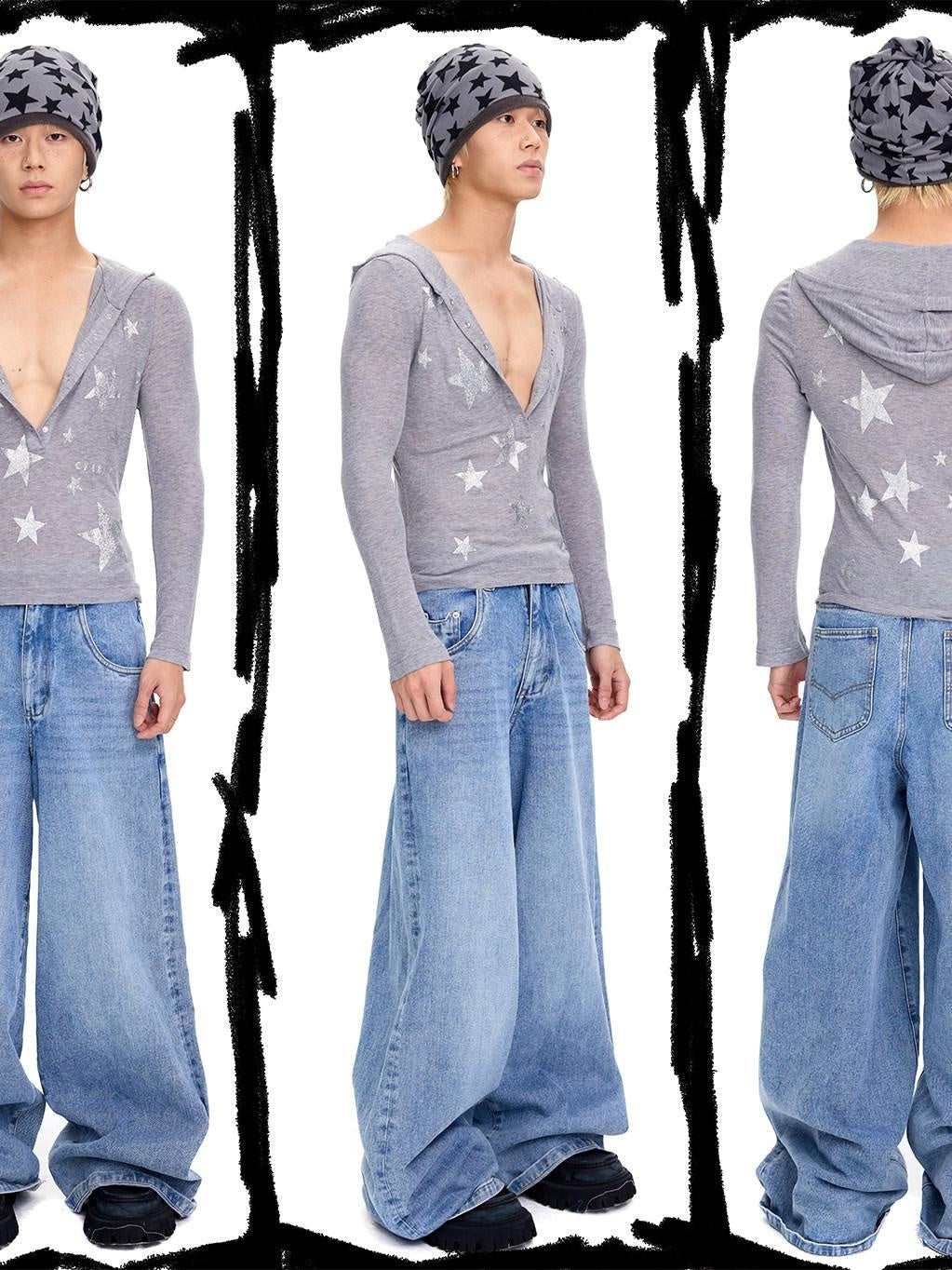 CFIERCE Soft Tencel Cotton Star Print Casual Unisex Long Sleeve Regular Pullover