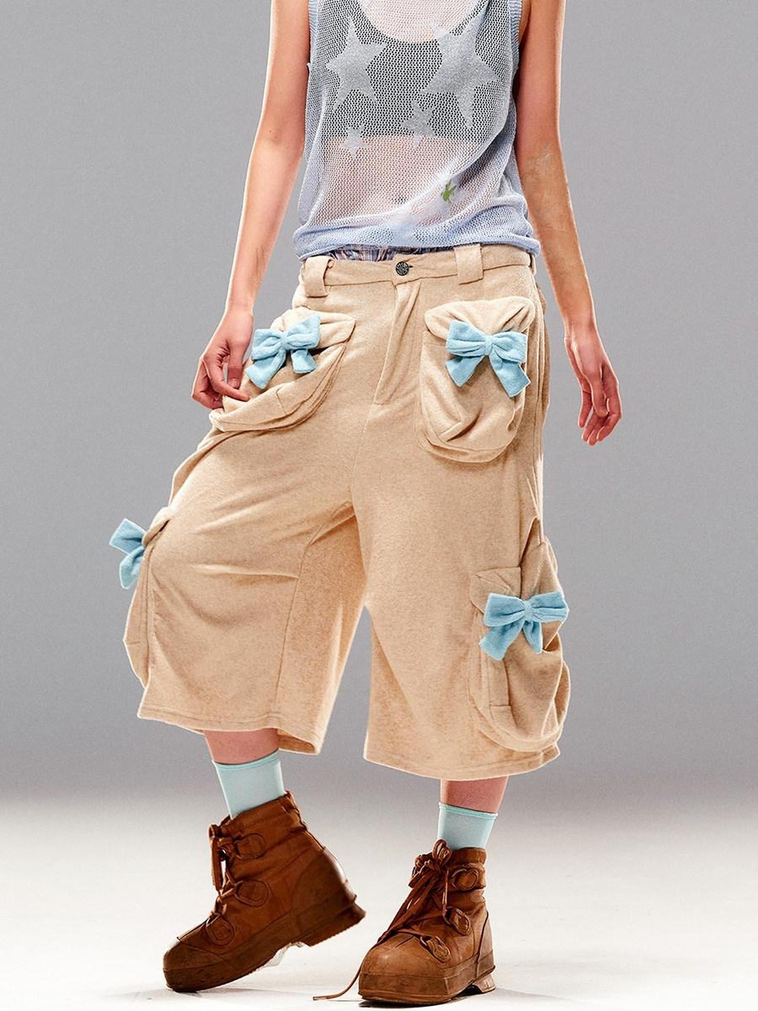 CFIERCE Stretch Cotton Blend Casual Relaxed Natural Waist Teen Unisex Beige Cargo Pants
