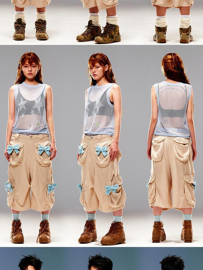 CFIERCE Stretch Cotton Blend Casual Relaxed Natural Waist Teen Unisex Beige Cargo Pants