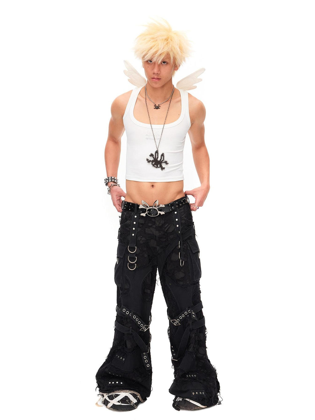 CFIERCE Stretch Cotton Blend U Neck Slim Curve Unisex Angel Print Cropped White Vest