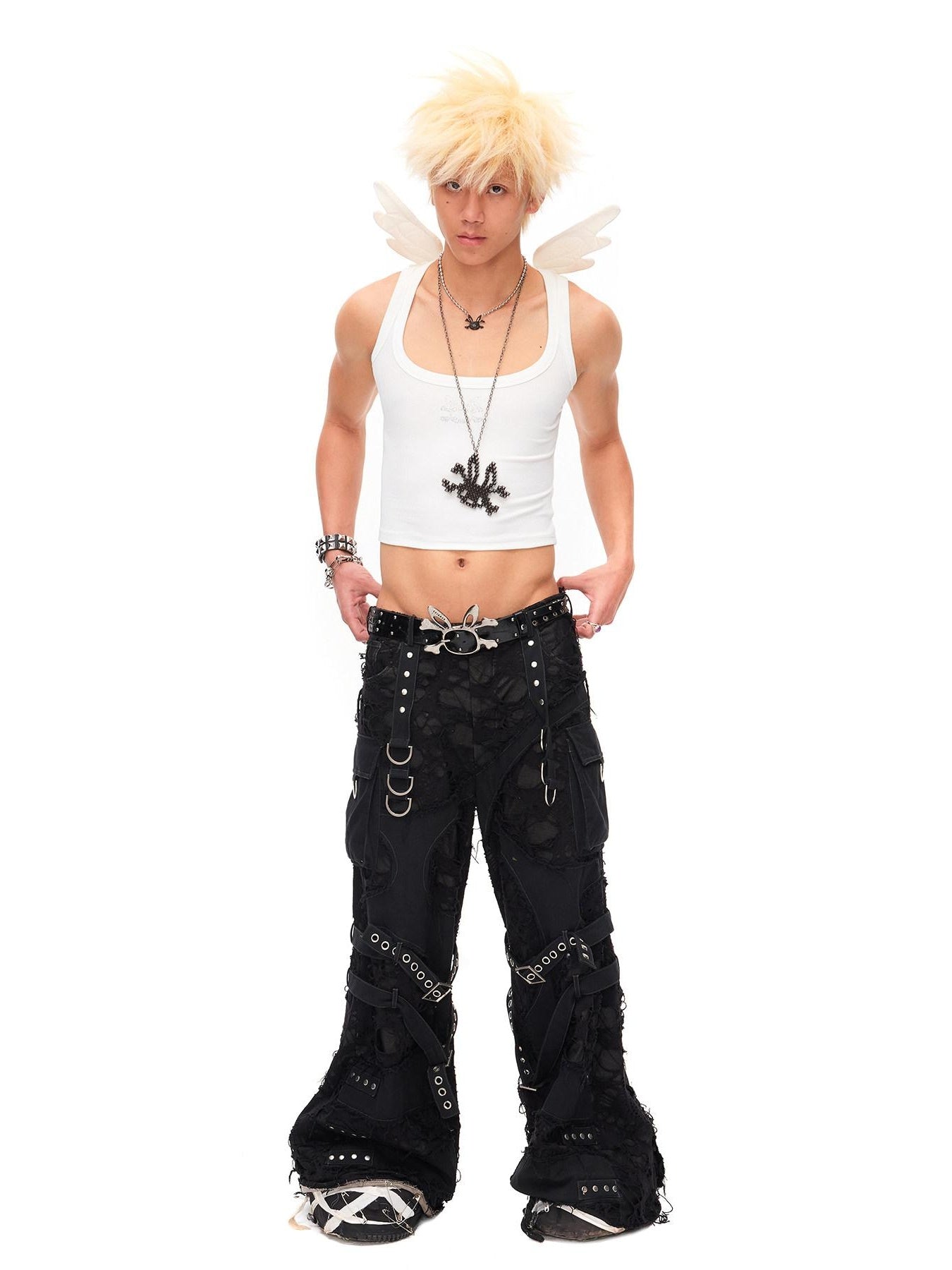 CFIERCE Stretch Cotton Blend U Neck Slim Curve Unisex Angel Print Cropped White Vest