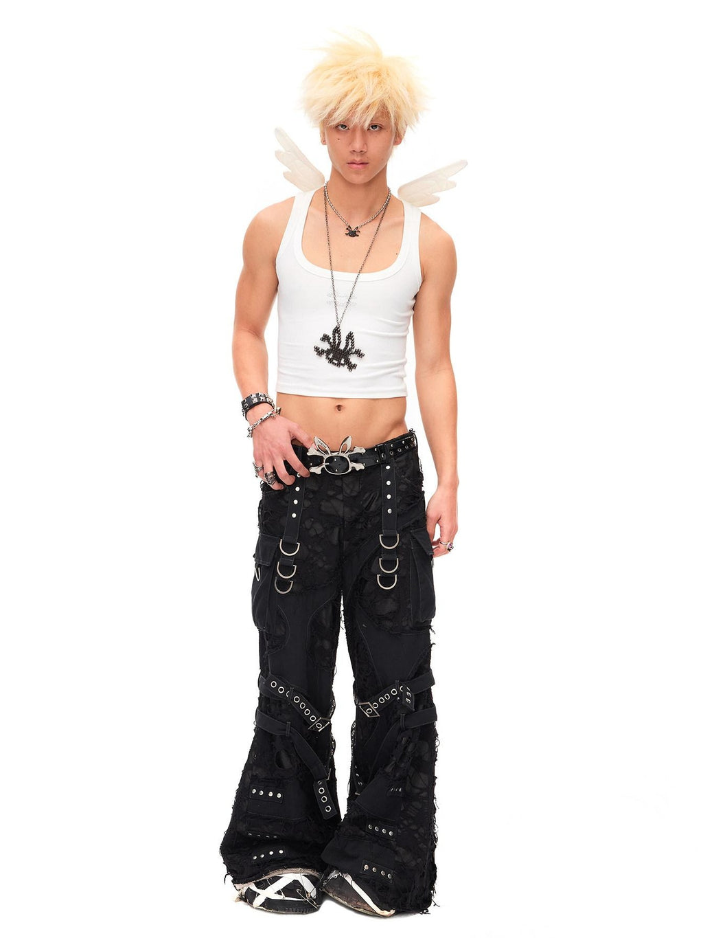 CFIERCE Stretch Cotton Blend U Neck Slim Curve Unisex Angel Print Cropped White Vest