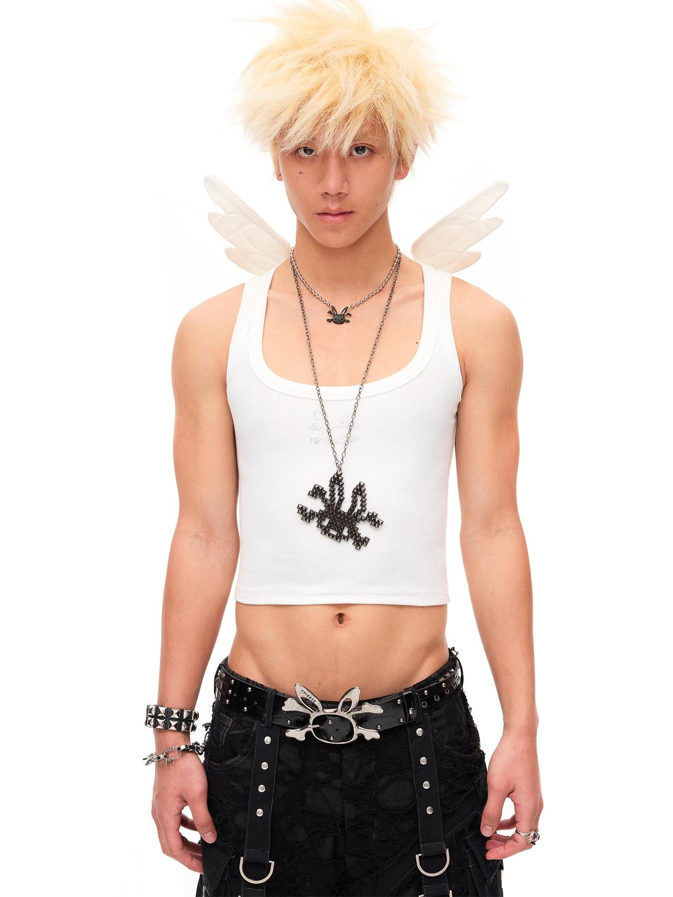 CFIERCE Stretch Cotton Blend U Neck Slim Curve Unisex Angel Print Cropped White Vest
