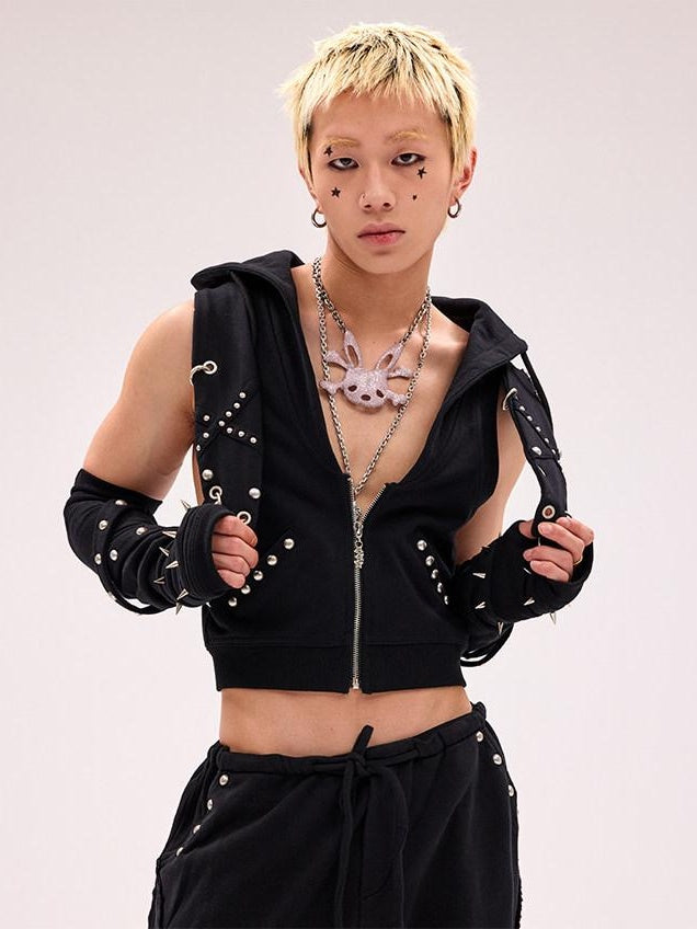 CFIERCE Studded Pure Cotton Slim Fit Street Style Unisex Zip Front Black Pink Jacket