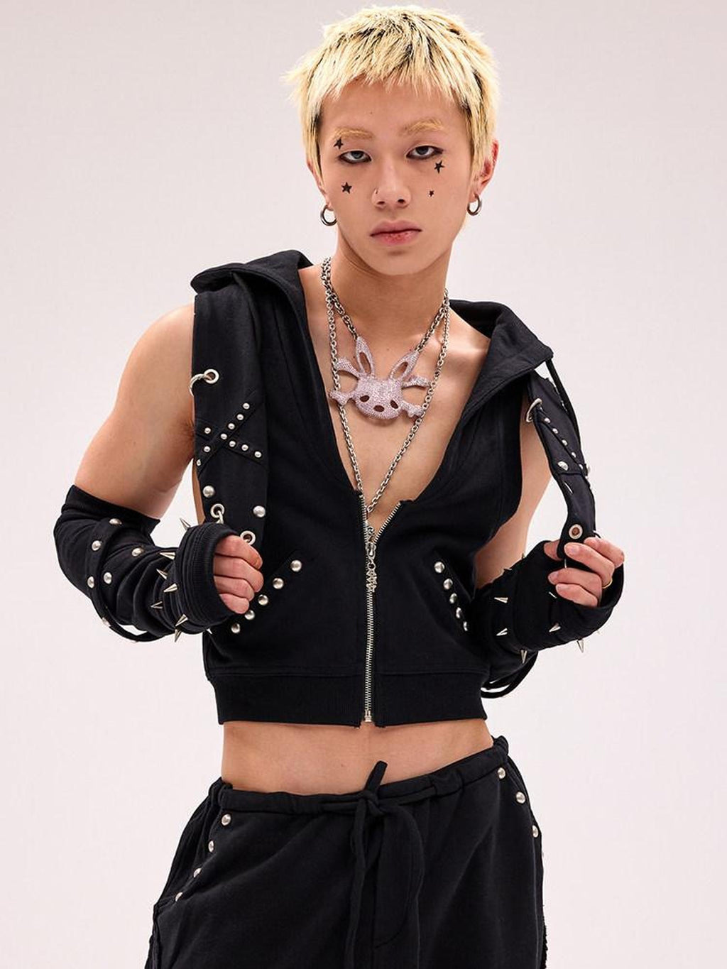 CFIERCE Studded Pure Cotton Slim Fit Street Style Unisex Zip Front Black Pink Jacket