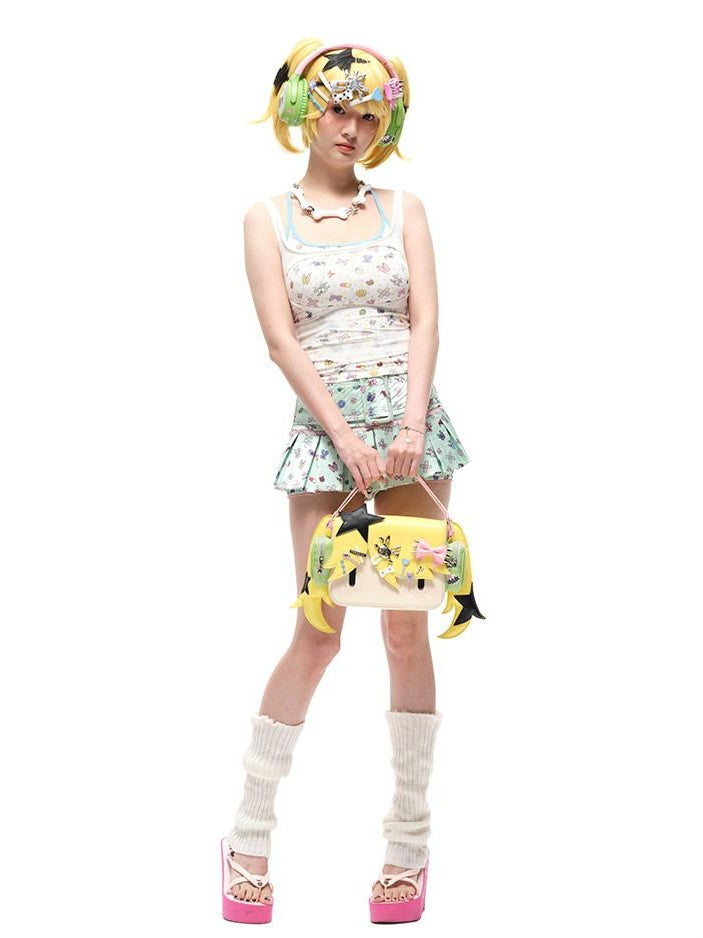 CFIERCE Sweet High Waist Pleated Lace Women Casual Travel Printed Polyester Skirt