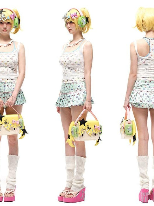 CFIERCE Sweet High Waist Pleated Lace Women Casual Travel Printed Polyester Skirt