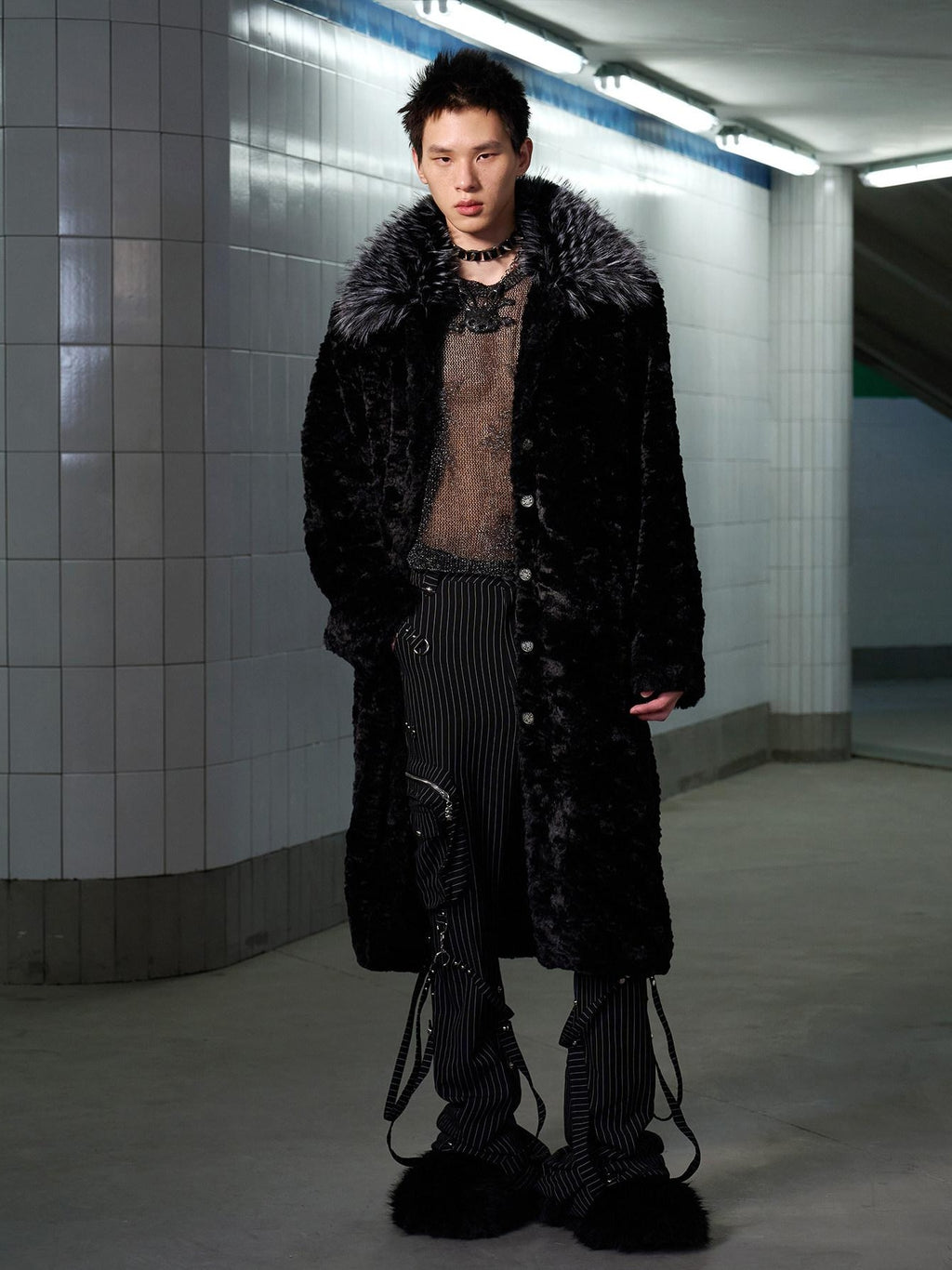 CFIERCE Thick Fur Collar Mid Length Casual Unisex Black Insulated Puffer Coat