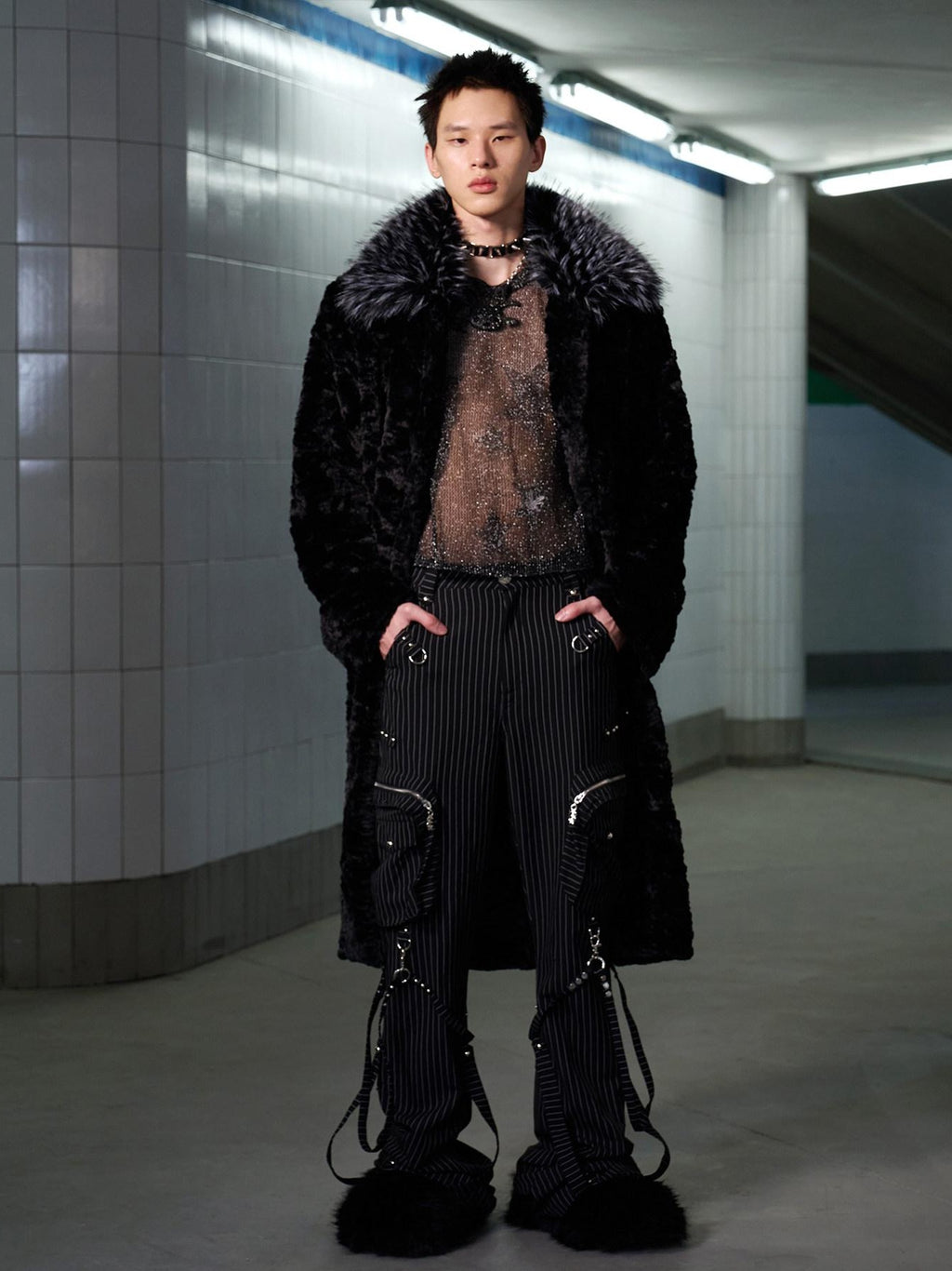 CFIERCE Thick Fur Collar Mid Length Casual Unisex Black Insulated Puffer Coat