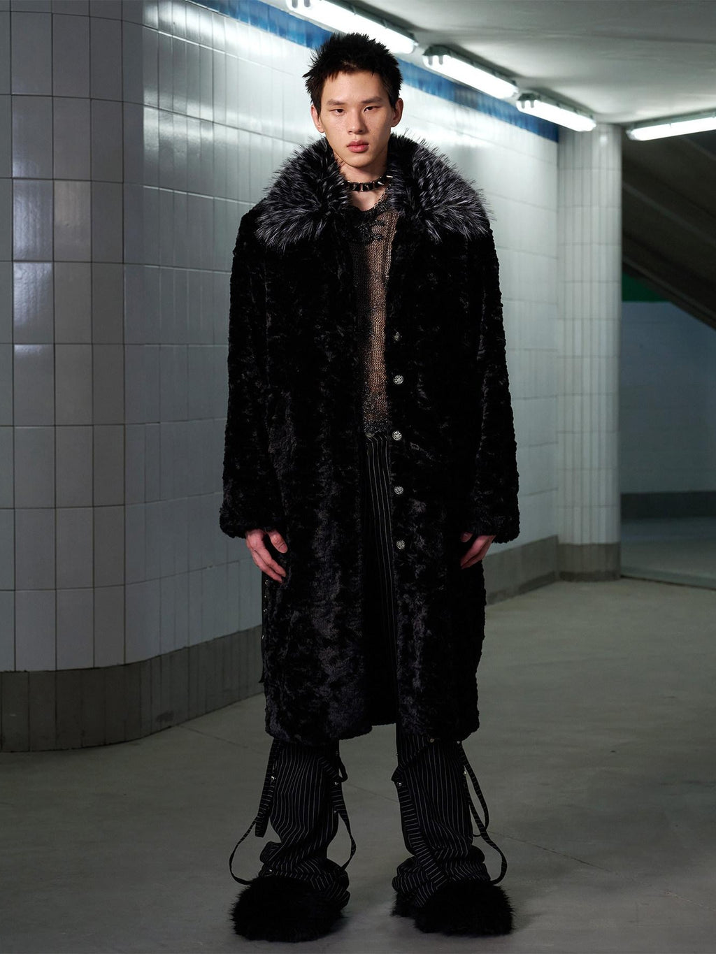 CFIERCE Thick Fur Collar Mid Length Casual Unisex Black Insulated Puffer Coat