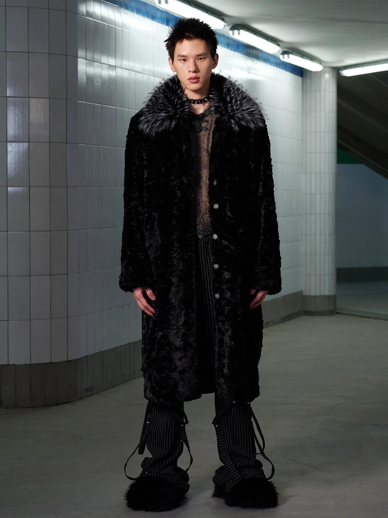 CFIERCE Thick Fur Collar Mid Length Casual Unisex Black Insulated Puffer Coat