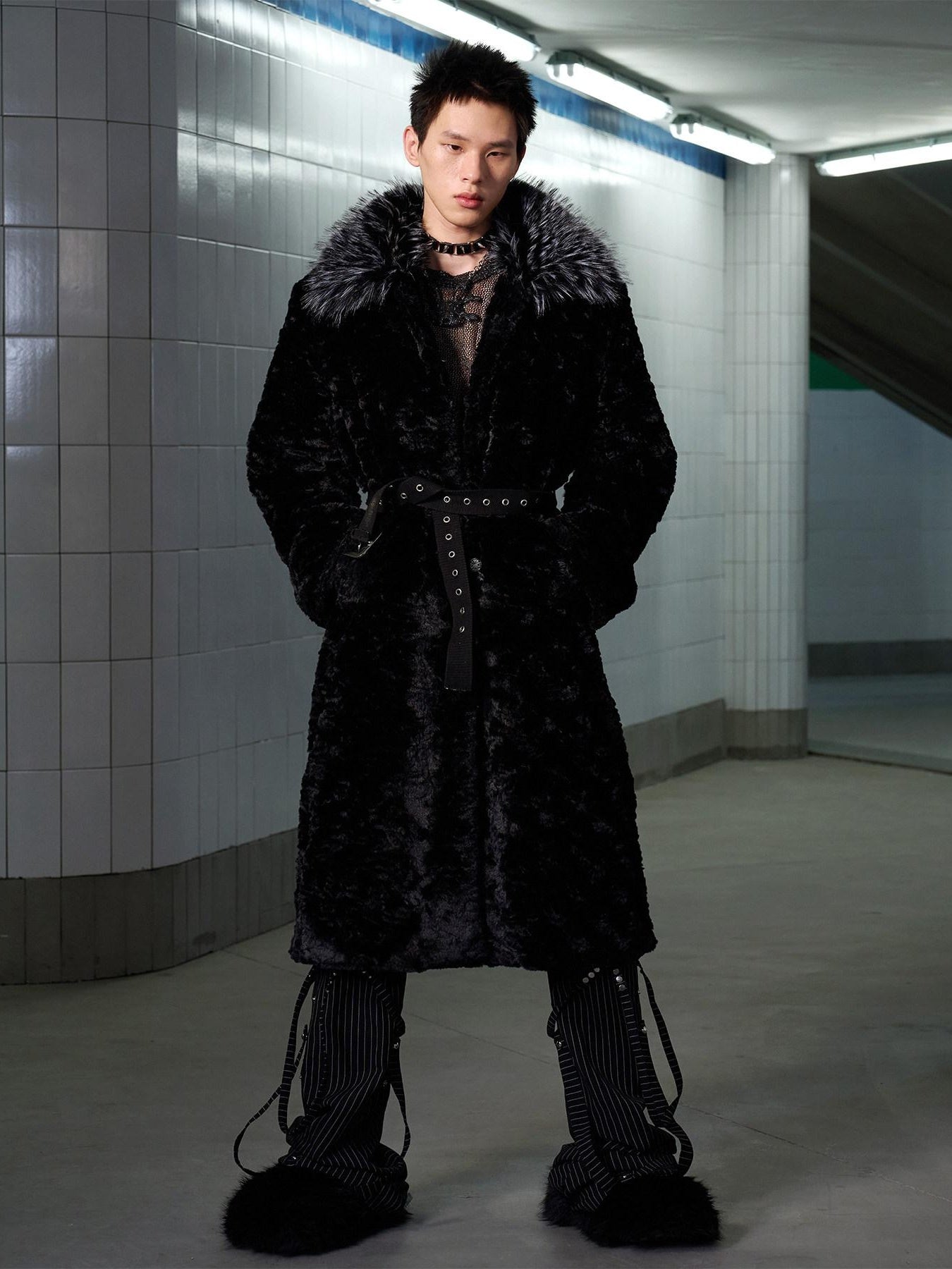 CFIERCE Thick Fur Collar Mid Length Casual Unisex Black Insulated Puffer Coat