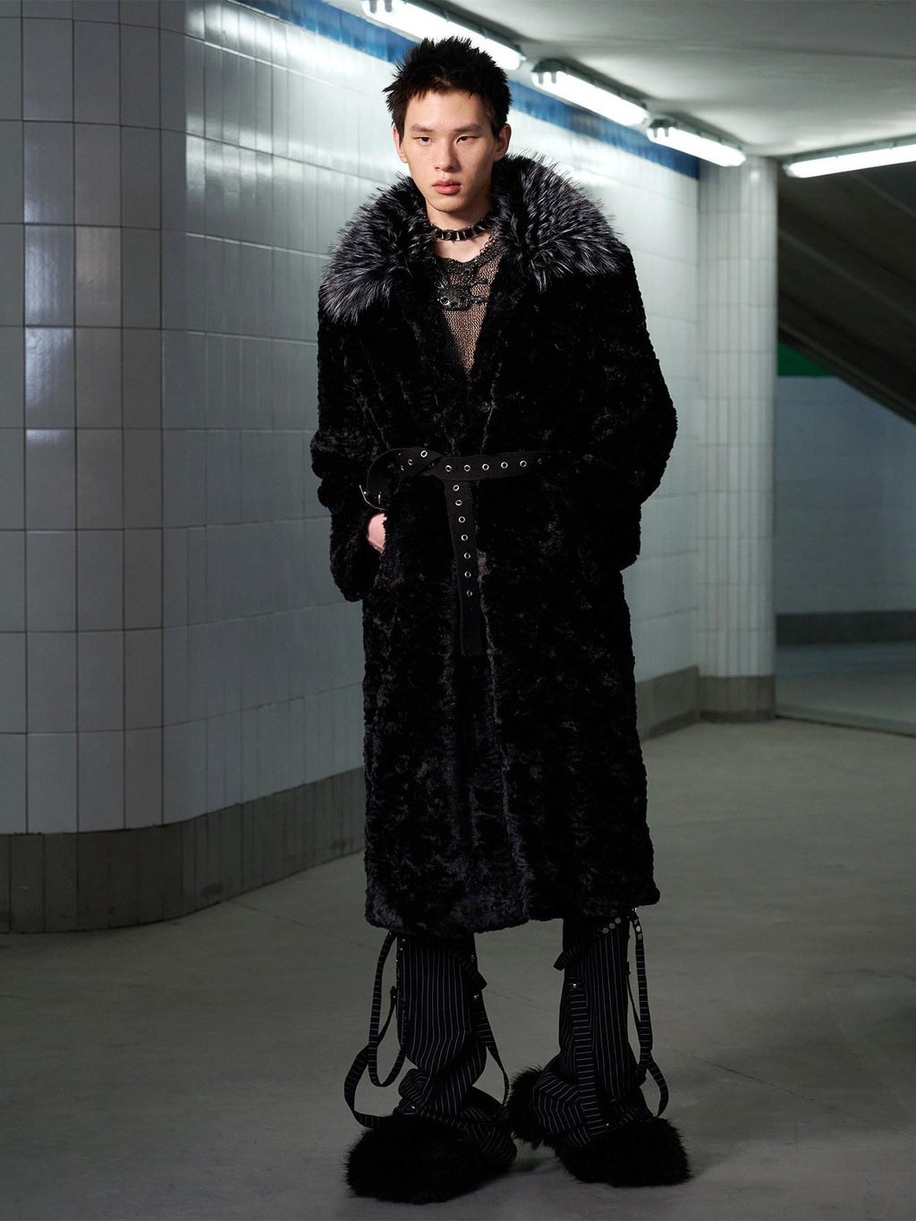 CFIERCE Thick Fur Collar Mid Length Casual Unisex Black Insulated Puffer Coat