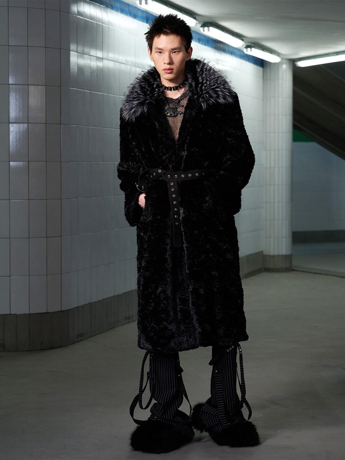 CFIERCE Thick Fur Collar Mid Length Casual Unisex Black Insulated Puffer Coat
