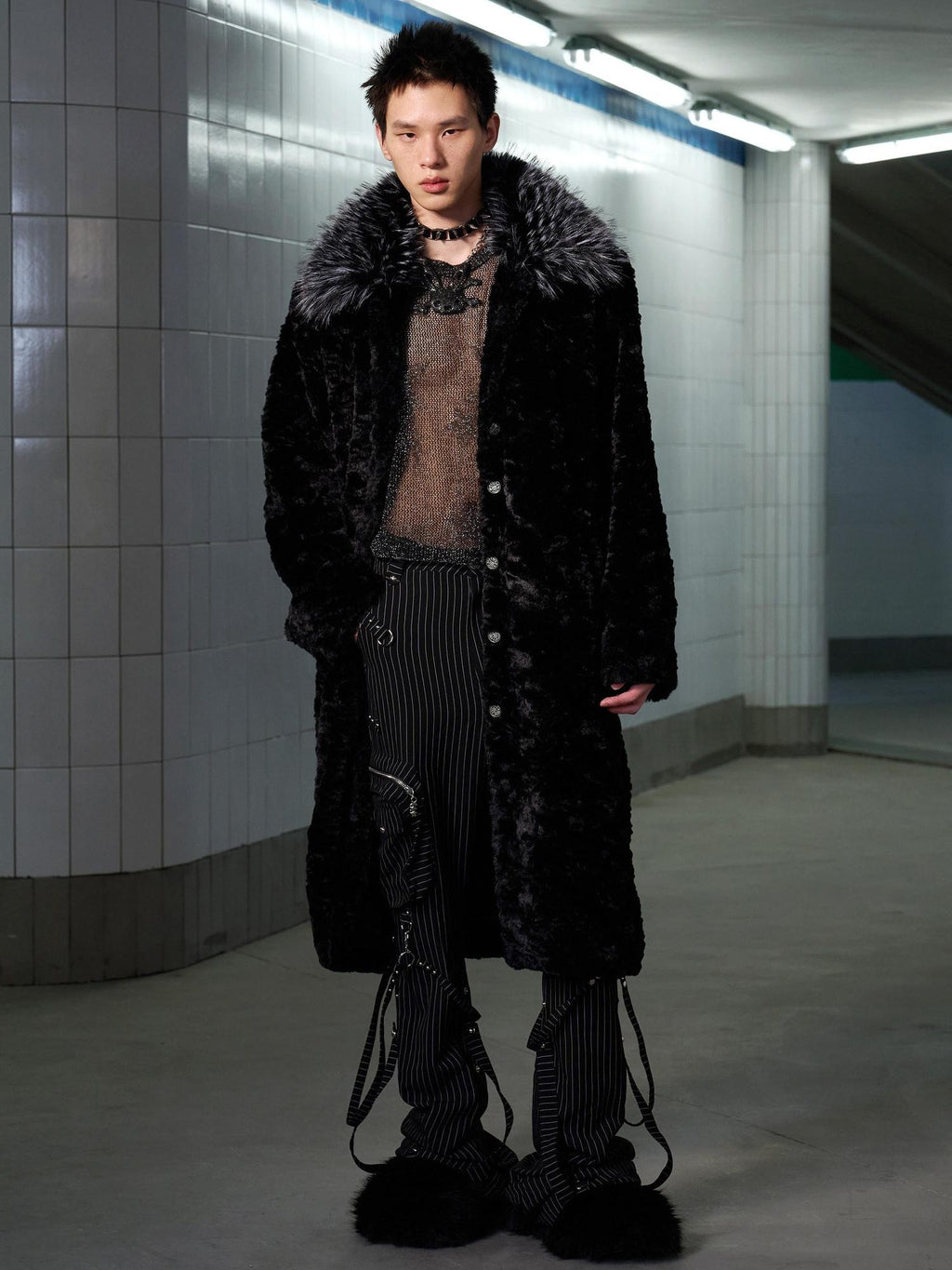 CFIERCE Thick Fur Collar Mid Length Casual Unisex Black Insulated Puffer Coat