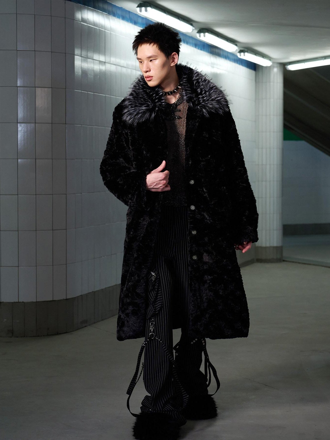 CFIERCE Thick Fur Collar Mid Length Casual Unisex Black Insulated Puffer Coat