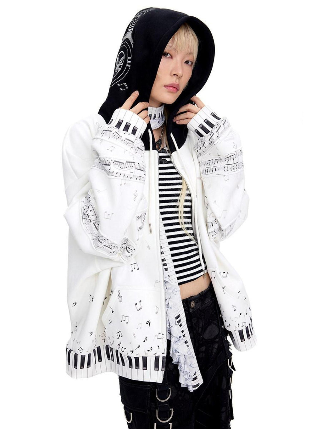 CFIERCE White Cropped Stand Collar Zipper Loose Cotton Blend Street Cardigan