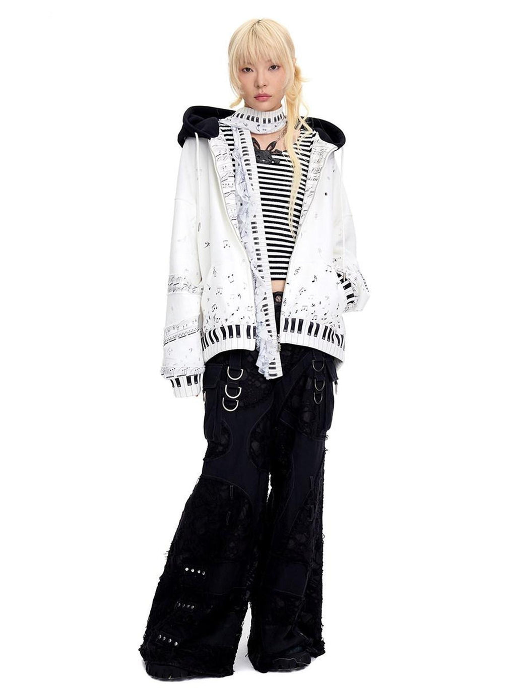 CFIERCE White Cropped Stand Collar Zipper Loose Cotton Blend Street Cardigan