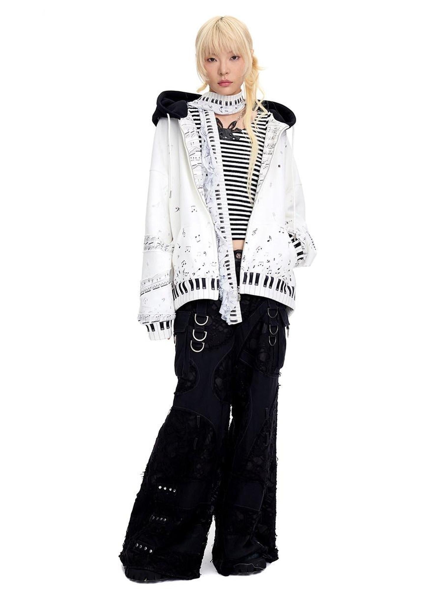 CFIERCE White Cropped Stand Collar Zipper Loose Cotton Blend Street Cardigan