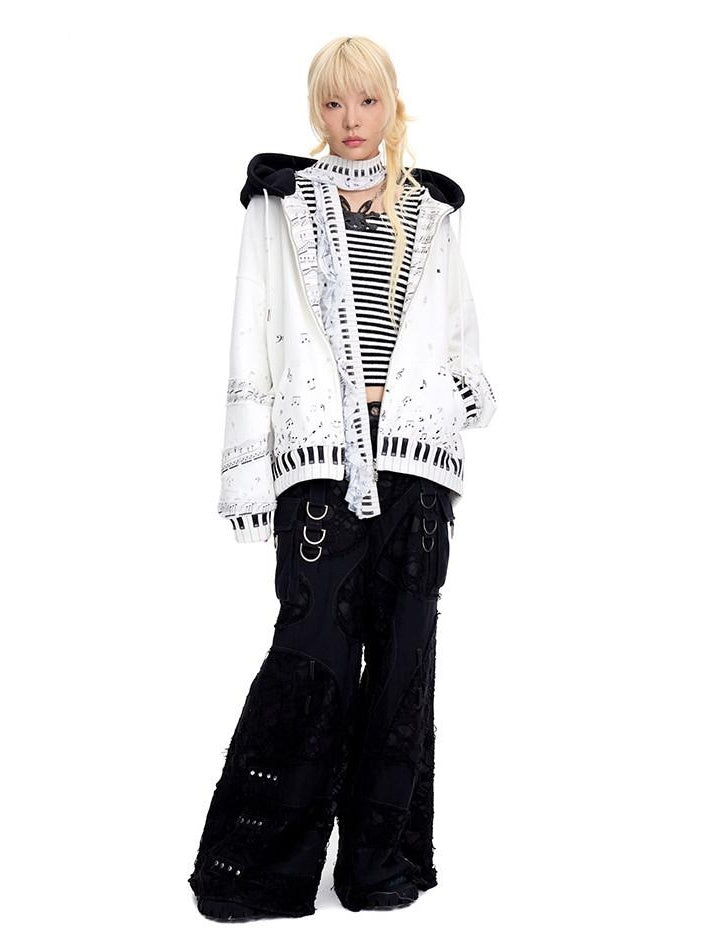 CFIERCE White Cropped Stand Collar Zipper Loose Cotton Blend Street Cardigan