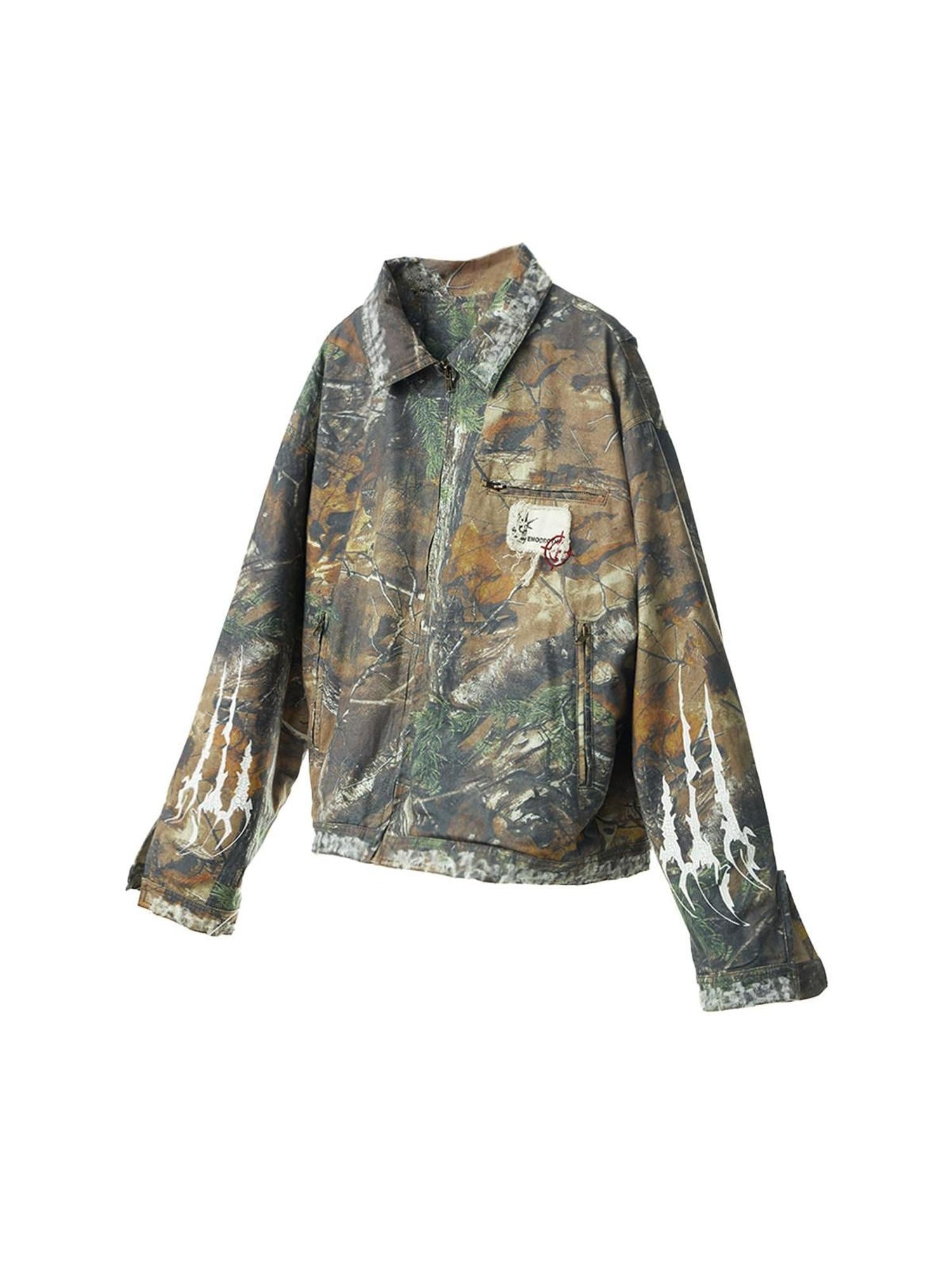 EMOBROTHER 100% Cotton Oversized Patch Embroidered Unisex Camo Zip Pocket Denim Jackets