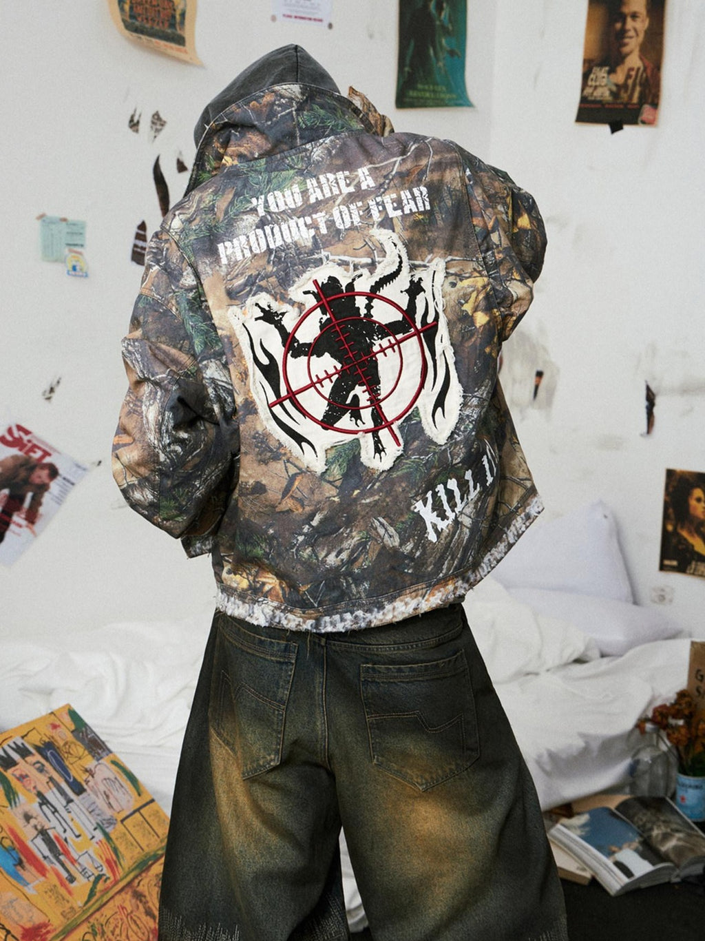 EMOBROTHER 100% Cotton Oversized Patch Embroidered Unisex Camo Zip Pocket Denim Jackets