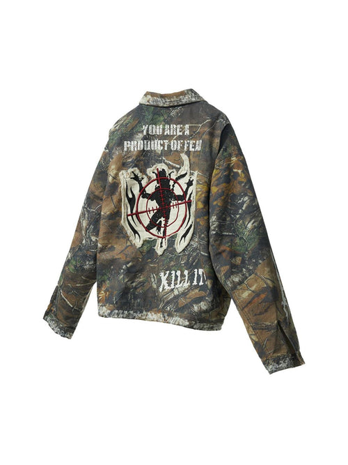 EMOBROTHER 100% Cotton Oversized Patch Embroidered Unisex Camo Zip Pocket Denim Jackets
